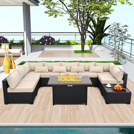 Rattaner 10 Pieces Outdoor Sectional All-Weather Wicker Patio Furniture Set Patio Sectional and Steel Fire Table and Glass Patio Table Non-Slip Cushions and Waterproof Covers, Khaki Rattaner