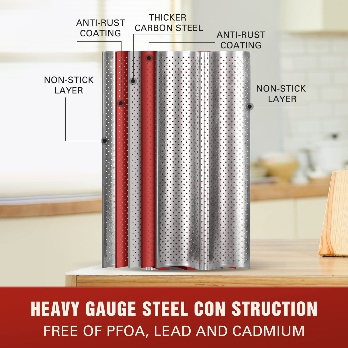 KITESSENSU Nonstick Baguette Pans for French Bread Baking, Perforated 2 Loaves Baguettes Bakery Tray, 15" x 6.3", Silver KITESSENSU