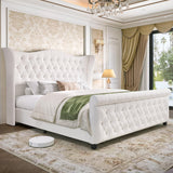 koorlian King Size Platform Bed Frame,Upholstered Bed Modern,Sleigh Bed with 51 inch Tall Headboard Footboard,Platform Chenille Bed Luxury,Button Tufted,Sturdy Wood Slats Support,Cream koorlian