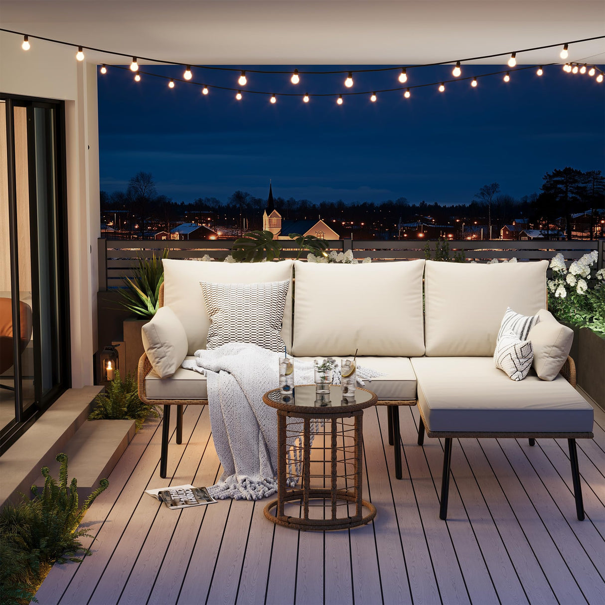 IDEALHOUSE 3-Piece Patio Furniture Set, All Weather Rattan Sofa with Tempered Glass Coffee Table and Thick Cushions, Sectional L-Shaped Patio Furniture for Deck, Poolside, Backyard, or Porch, Beige IDEALHOUSE