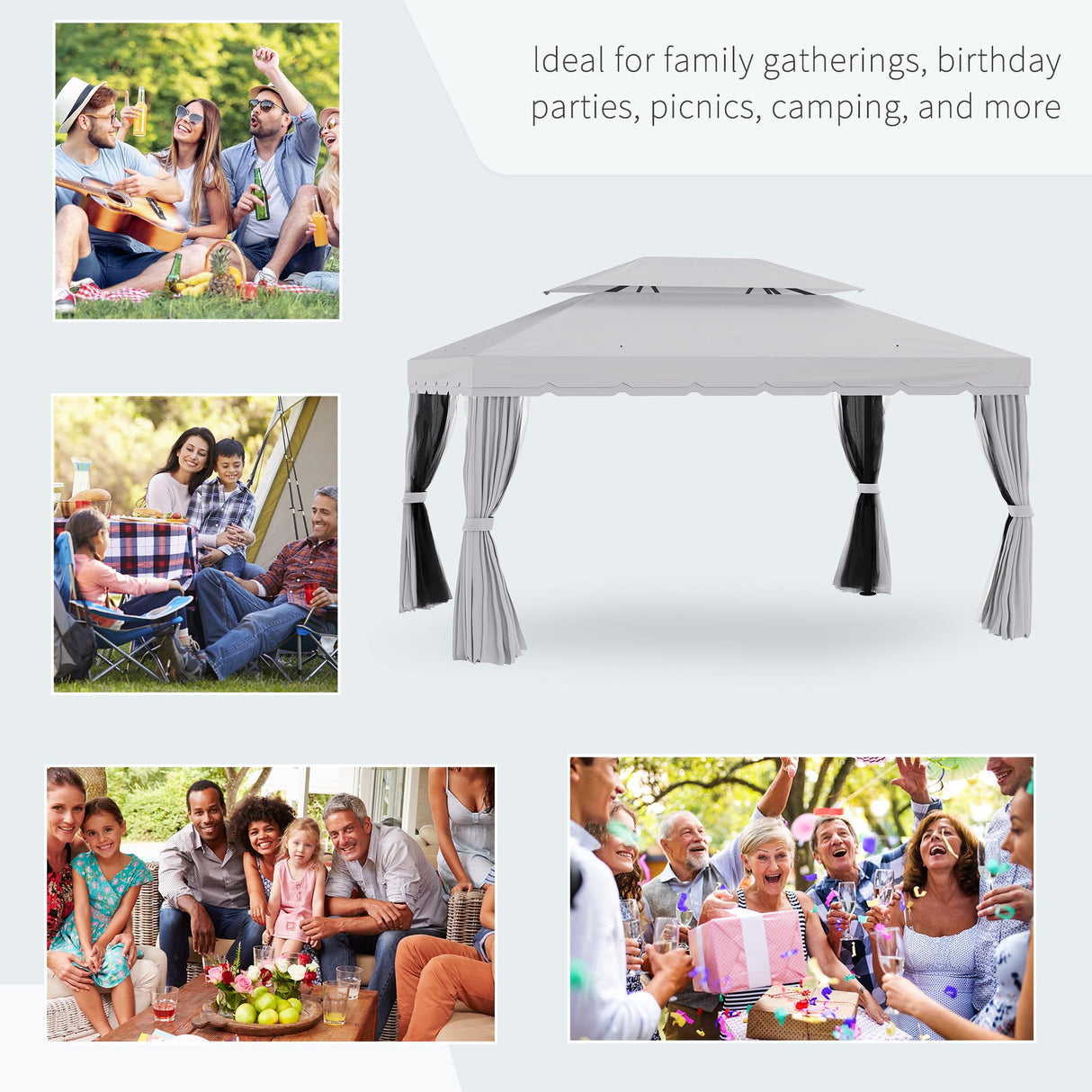 Outsunny 10' x 13' Patio Gazebo, Outdoor Gazebo Canopy Shelter with Netting and Curtains, Aluminum Frame for Garden, Lawn, Backyard and Deck, Light Gray Outsunny