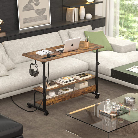Height Adjustable Standing Desk with Power Outlets, 39" Manual Stand Up Desk with Storage Shelves Small Mobile Rolling Computer Desk Portable Laptop Table with Wheels for Home Office, Rustic armocity