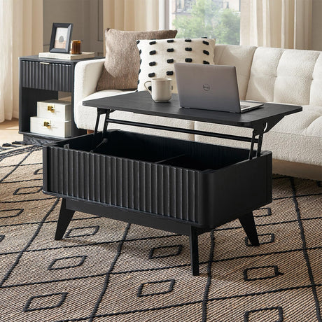 mopio Brooklyn Coffee Table, Lift Top Coffee Tables for Living Room, Mid Century, Modern Farmhouse Center Table with Lifting Top & Hidden Storage, Fluted Panel, Rising Pull Up Dining Table (Black Oak) mopio