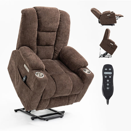 RHHVVR Power Lift Recliner Chair for Eldery, Chenille Electric Recliner Chairs with Massage and Heat, Remote Control Standing Assistance Lay Flat Recliner Sofa for Living Room Medium-Firm,Brown RHHVVR