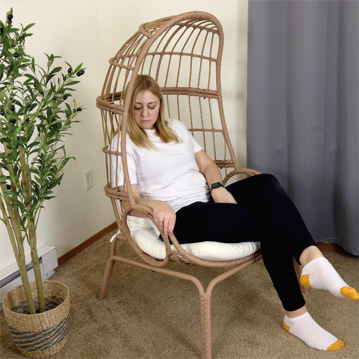 DWVO Narrow Egg Chair Wicker, Patio Rattan Basket Chair with 370lbs Capacity Outdoor Indoor Egg Chairs with Stand & Cushion Cocoon Chair for Bedroom, Patio, Balcony, Beige DWVO