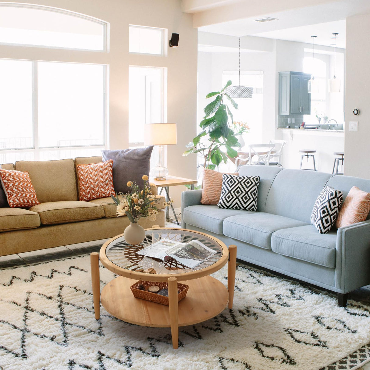 RUSTOWN Rattan Round Coffee Tables, 2-Tier Sofa Table with Rattan & Tempered Glass Top and Wood Legs, Accent Side Coffee Table for Living Room(Natural) RUSTOWN