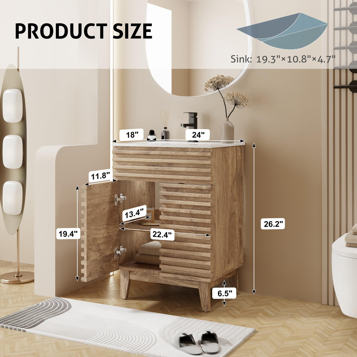 eclife 24" Bathroom Vanity with Sink Combo Mid-Century Freestanding Cabinet with Wood Stripes Decor, Adjustable Shelf, Undermount Sink Faucet Drain, Light Walnut eclife