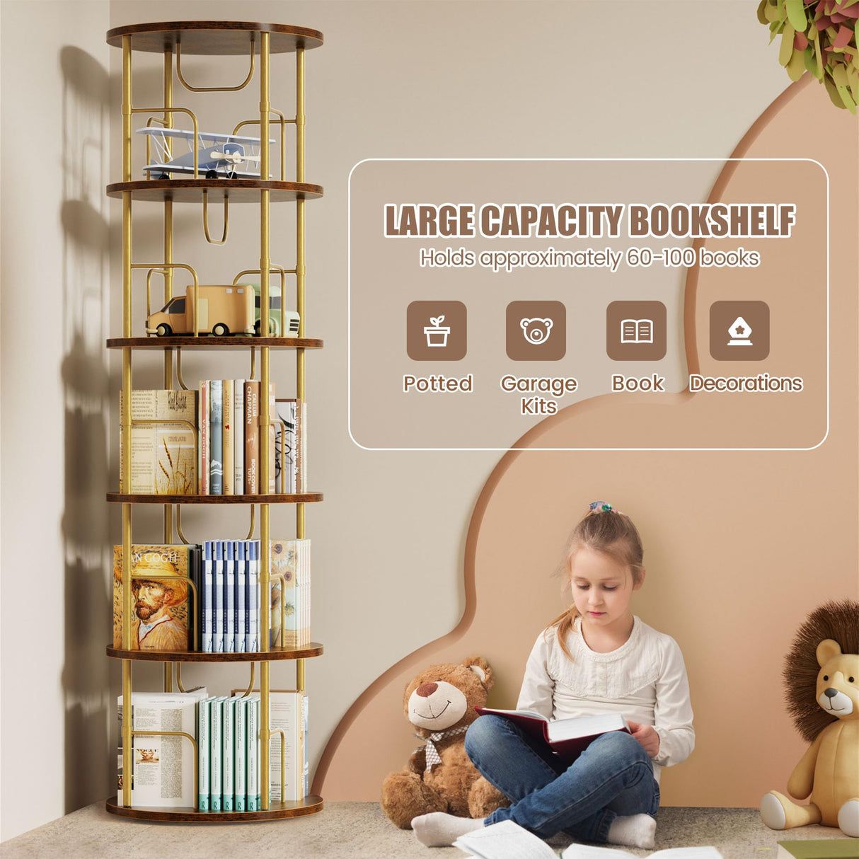 Flycity 5 Tier Rotating Bookshelf, 360° Corner Bookshelf Tower, Round Revolving Bookcase with Special Visible Partition Storage, Narrow Book Shelf Organizer for Living Room, Small Space, Gold Flycity