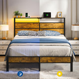 Liians Queen Size Bed Frame, Queen Bed with Charging Station Headboard and LED Lights, Platform Bed with Metal Slats, No Box Spring Needed Liians