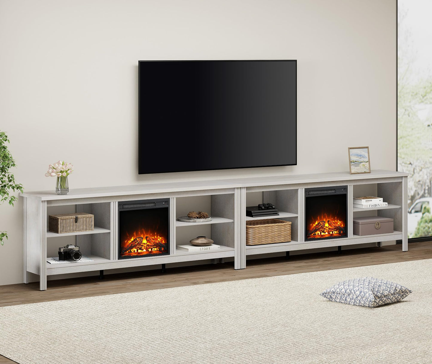 WAMPAT Electric Fireplace TV Stand for 100 Inch TV, White TV Console Table for 85 90 95 inch TV with 18 Inch Fireplace Insert, Wood Entertainment Center with Heater & Storage Cabinet, 70 Inch