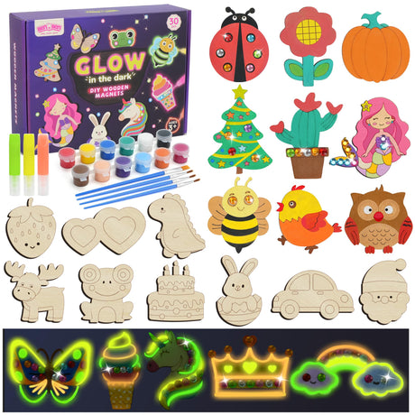 BenBen 30pcs DIY Wooden Magnets, Glow in The Dark Wood Crafts Kit for Kids, Arts & Crafts Supplies Painting Kit for Girls Boys Ages 4-8 8-12, Birthday Easter Gifts Toys BenBen