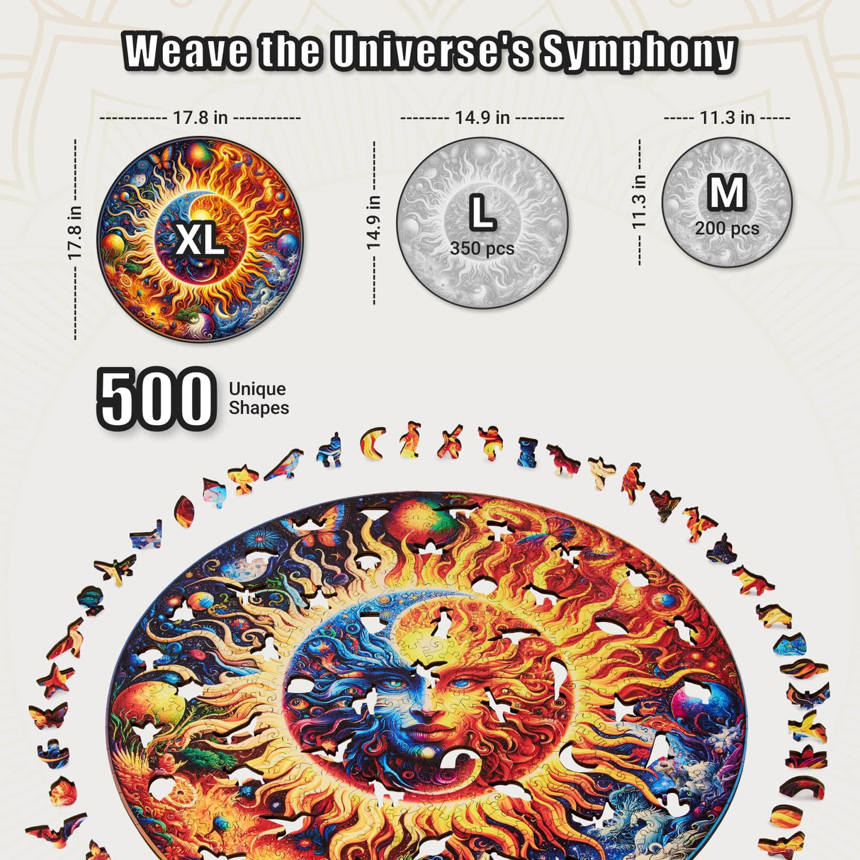 LEOGOR Extra Large Wooden Puzzles for Adults 500 Piece – Colorful Mosaic Sun and Moon Puzzle with Unique Laser Cut Animal-Shaped Wood Pieces – Challenging Jigsaw, 17.8'' x 17.8'' LEOGOR