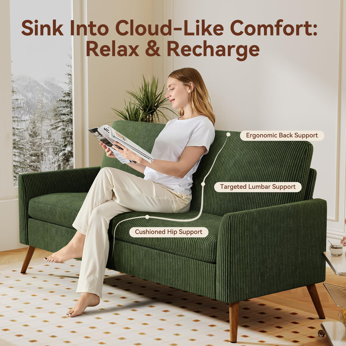 Vipbear 68" Loveseat Sofa - Green, Comfy Corduroy with Spring Cushion, Solid Wood Frame, Modern Deep Seat, Bedroom & Living Room, Office Small Couch Vipbear