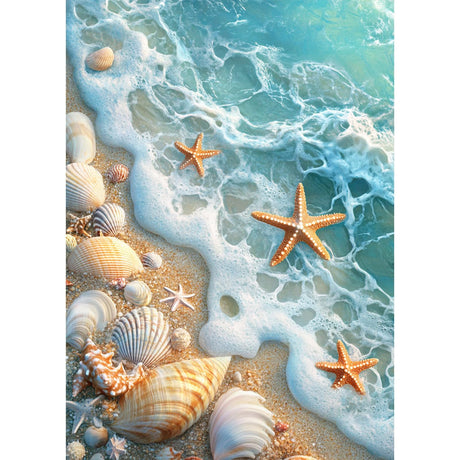 MEIYUDA Beach Diamond Painting Kits for Adults, 5D Seashell Starfish Diamond Art Kits for Beginners, Blue Ocean Beach DIY Gem Art Crystal Painting for Home Wall Decor and Present 12x16inch MEIYUDA