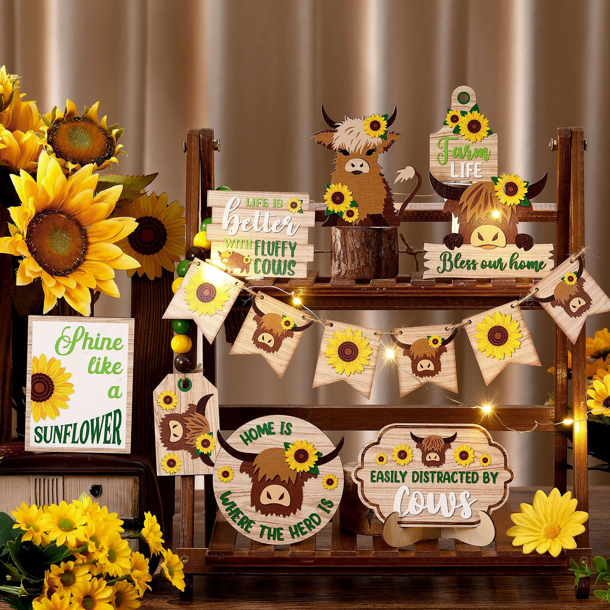 GlikCeil 20 Pcs Highland Cow Tiered Tray Decor Farmhouse Sunflower Decor Farmhouse Cow Tiered Tray Decoration Set Sunflower Wooden Sign Table Centerpiece for Summer Home Kitchen Shelf Party Decoration GlikCeil