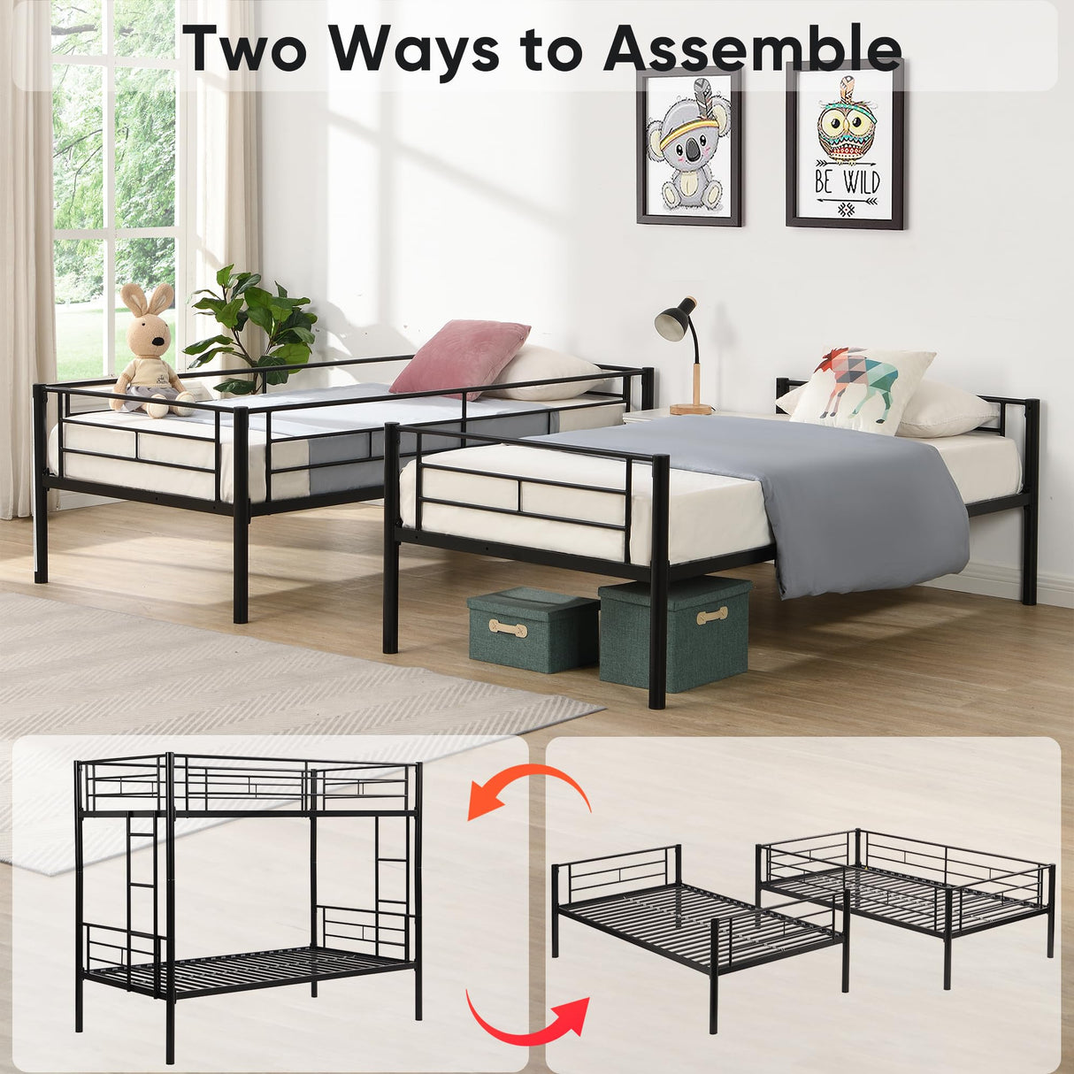 HomJoones Twin Over Twin Metal Bunk Bed with Trundle Heavy Duty Twin Size Metal Bunk Beds Frame with 2 Side Ladders Convertible Bunkbed with Safety Guard Rails,No Box Spring Needed HomJoones