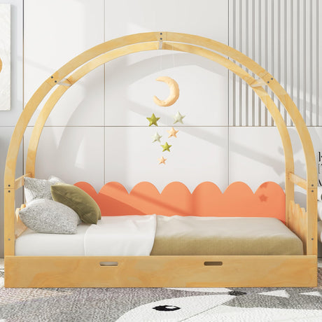 Extendable Twin to King Montessori Floor Bed with Vaulted Roof and Safe Guardrails - Natural Orange Bellemave