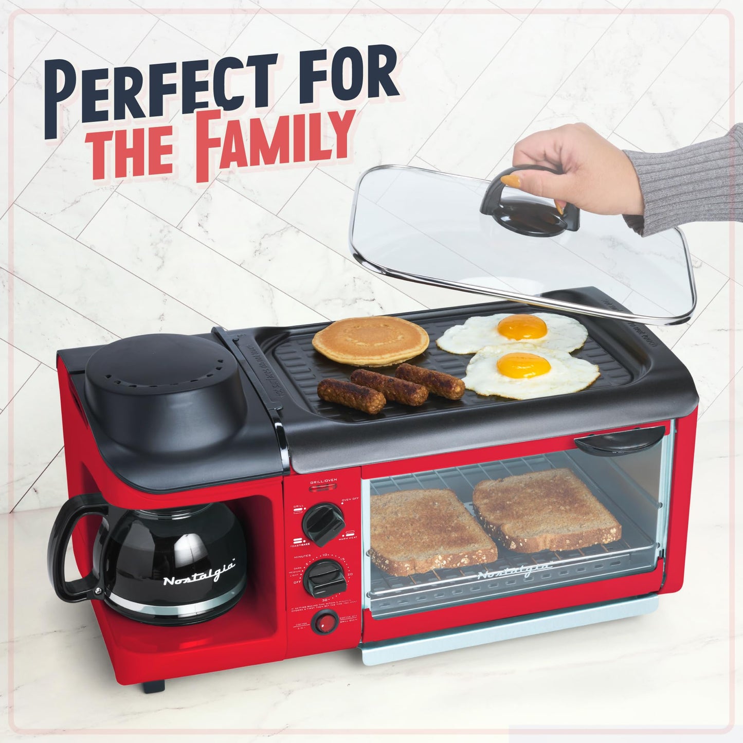 Nostalgia 3-in-1 Breakfast Station - Includes Coffee Maker, Non-Stick Griddle, and 4-Slice Toaster Oven - Versatile Breakfast Maker with Timer - Red