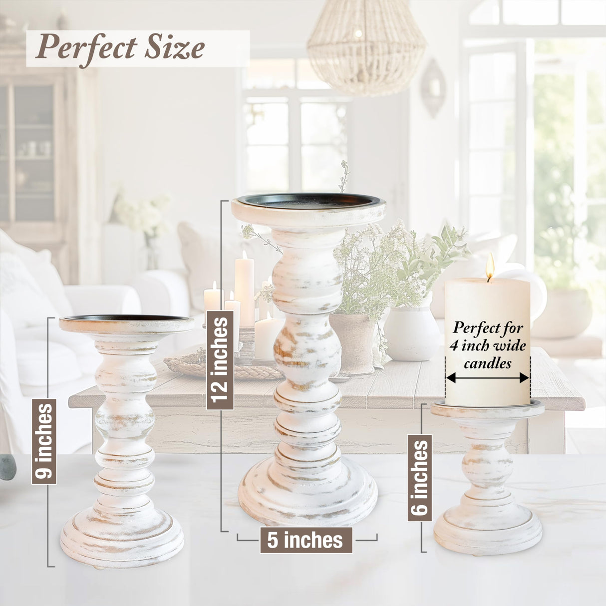 Wood Candle Holders for Pillar Candles (Set of 3) Tall Large Rustic Pillar Candlestick Stands - Fits Both 4 inch and 3 inch Wide Pillar Candles - Modern Farmhouse Decor (Antique White) My Fancy Farmhouse