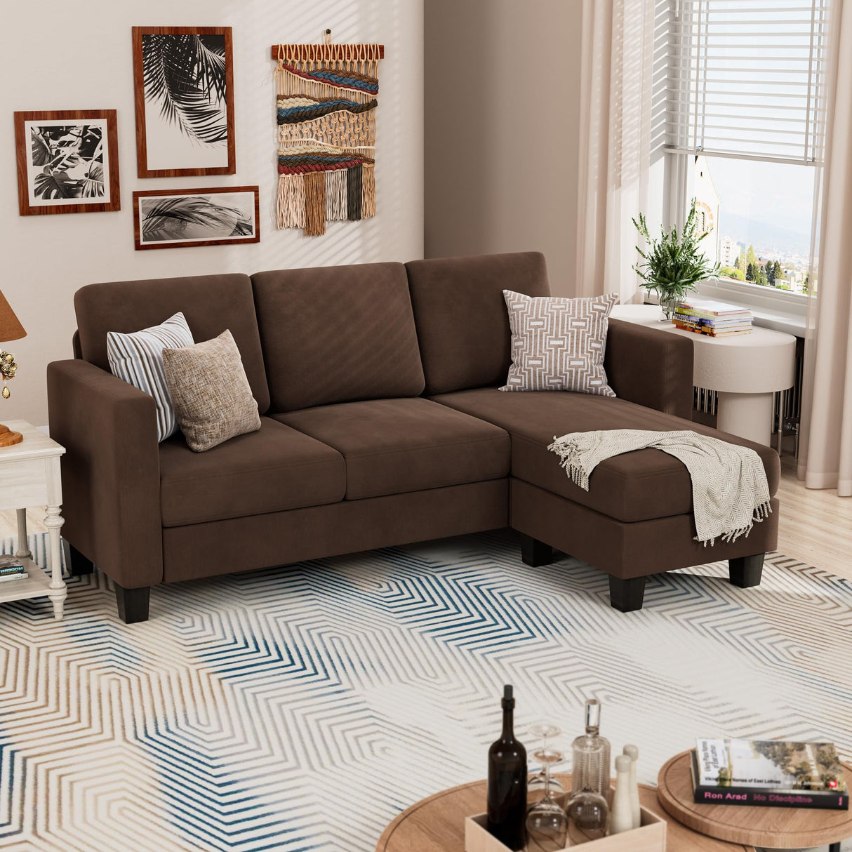 YESHOMY Convertible Sectional 3 L-Shaped Couch Soft Seat with Modern Linen Fabric, Small Space Sofas for Living Room, Apartment and Office, 70'', Brown YESHOMY