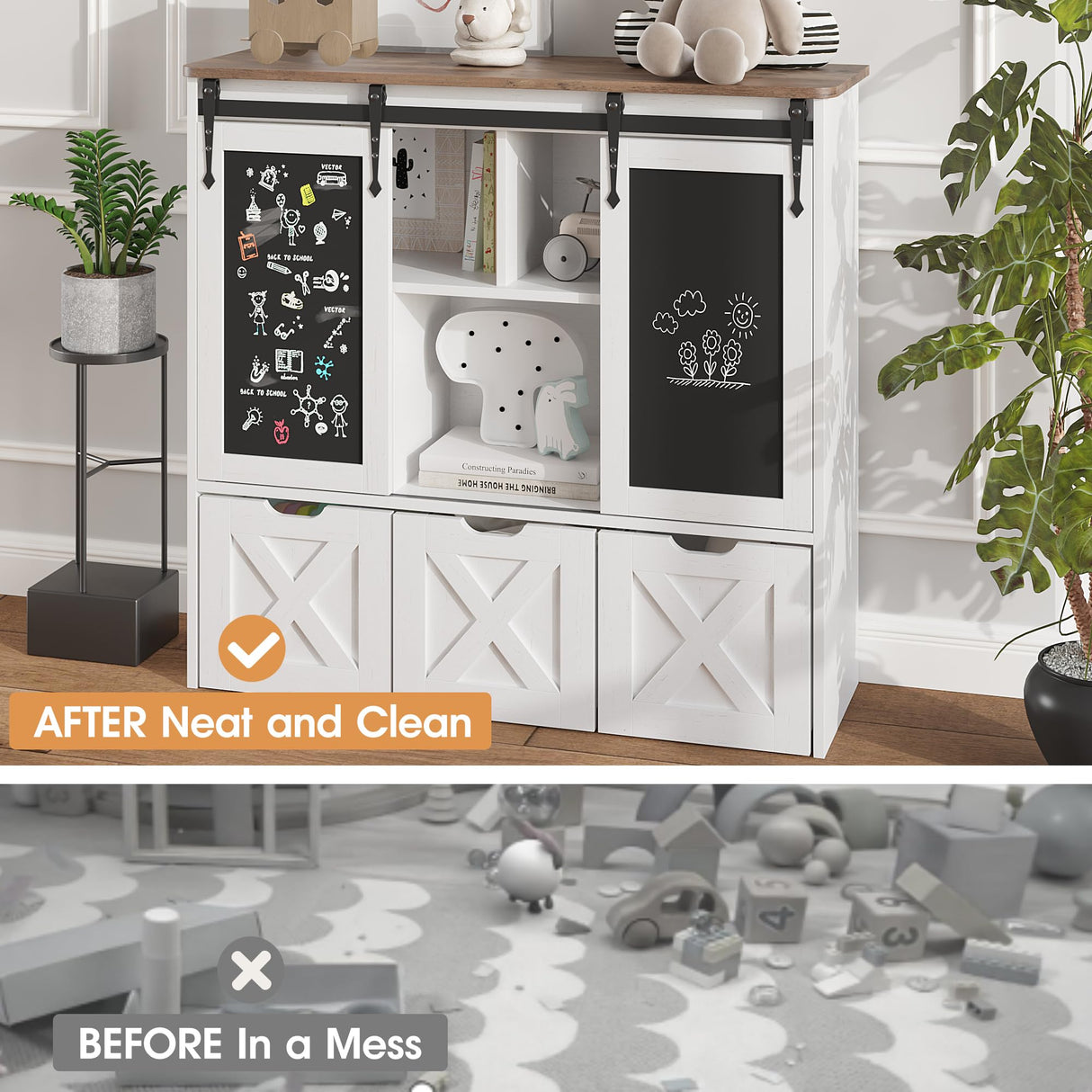 Vabches Toy Storage Organizer with Sliding Blackboard, Kids Bookshelf and Bookcase with 3 Movable Drawers & 5 Storage Cubbies, Multifunctional Storage Cabinet Toy Chest for Playroom,Nursery, Kids Room Vabches