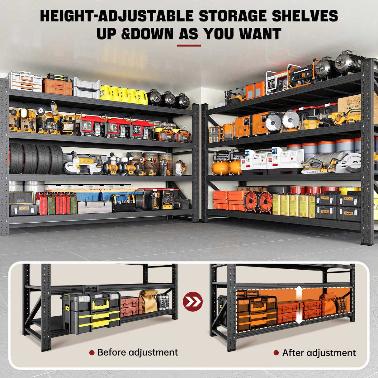 RAVIGIN 5000LBS Storage Shelves,71" W Garage Shelving Heavy Duty Metal Adjustable Garage Shelves, Shelving Units Industrial Shelving for Warehouse,71" W x 24" D x 69" H,Black RAVIGIN