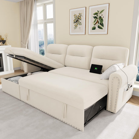 Sleeper Sofa Bed, 87'' Sectional Couch with Reversible Storage Chaise & Nailhead Armrest, Pull Out Couches for Living Room, Side Pocket & Charging Station, Removable Backrest, Velvet Fabric, Beige Keyluv