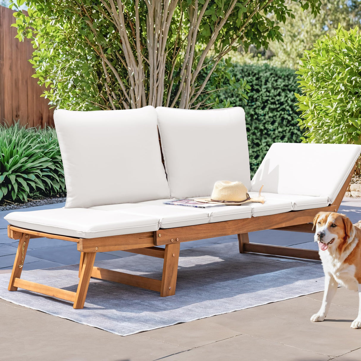 Devoko Outdoor Couch Acacia Wood Patio Couch with Adjustable Armrests, Outdoor Convertible Sofa with Removable Cushions & Pillows for Patio, Porch, Poolside(White) Devoko