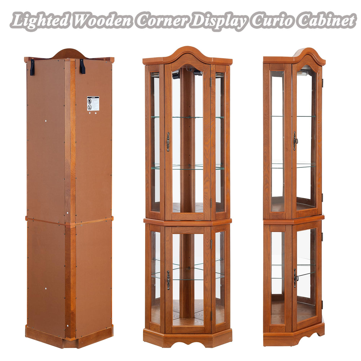 XZTUAJ 66" H Lighted Corner Curio Cabinet, 5 Tier Glass Display Cabinet with Adjustable Shelves and Mirror Back Panel, Corner Curio Storage Rack Wood Display Case for Living Room & Kitchen (Oak) XZTUAJ