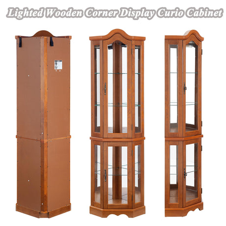 XZTUAJ 66" H Lighted Corner Curio Cabinet, 5 Tier Glass Display Cabinet with Adjustable Shelves and Mirror Back Panel, Corner Curio Storage Rack Wood Display Case for Living Room & Kitchen (Oak) XZTUAJ