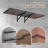 PEKGRIL Garage Wall Shelving Set of 2, 1.5X4 ft Garage Wall Shelves with 8 Hooks, Heavy Duty Wall Mounted Storage Shelf, Loads 260 lbs Each Metal Wall Shelf, Black PEKGRIL