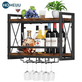 Homeiju Wall Mounted Wine Rack, Bottle & Glass Holder Wood-Metal Retro Wine Rack, Wine Bottles Display Wall Storage for Kitchen Dining Room Home Bar Homeiju