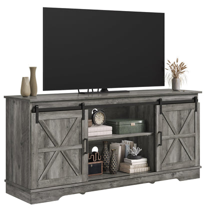 DWVO TV Stand for 65 Inch TV, Farmhouse Entertainment Center Media Console with Storage Cabinet and Sliding Barn Doors, Rustic TV Console Table for Living Room, 59'' Rustic Grey