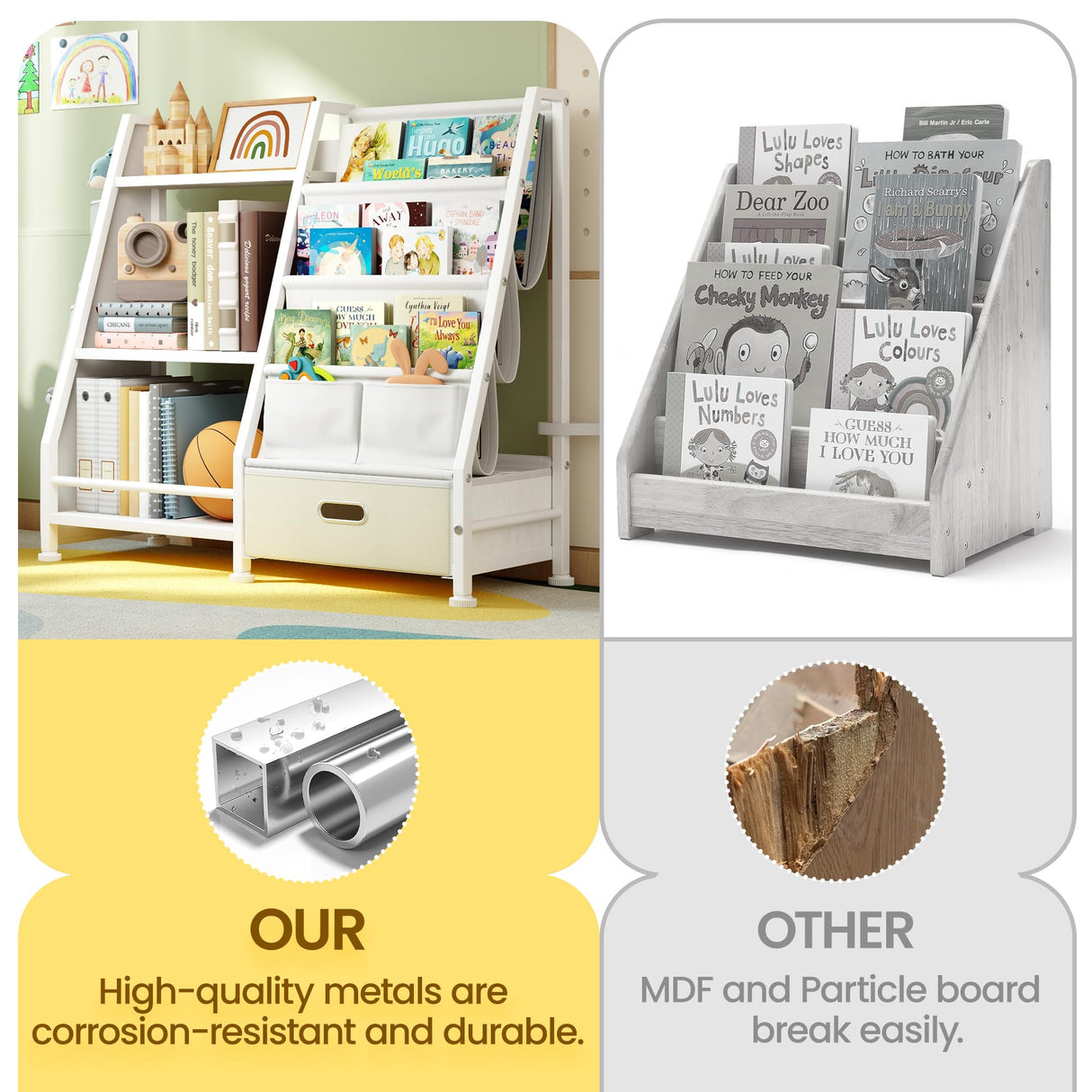 Kids Bookshelf and Toy Storage Organizer: White Book Shelf for Kids Room with Drawer to Storage Books and Toys Organizer - 3 Tire Toddler Bookshelf with 3 Side Pockets for Nursery, Bedroom, Playroom GoTiling