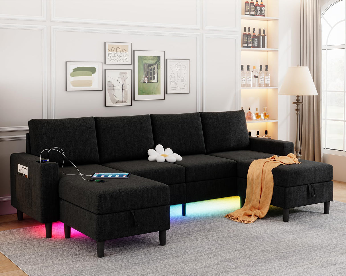 HYZQ Sectional Couches for Living Room, 4 Seat Linen Sectional Sofa with Reversible Chaise Lounge/Storage Ottoman, U Shaped Couch with Smart Module-Wireless Charging/USB/Type-C/RGB Light (Black) HYZQ