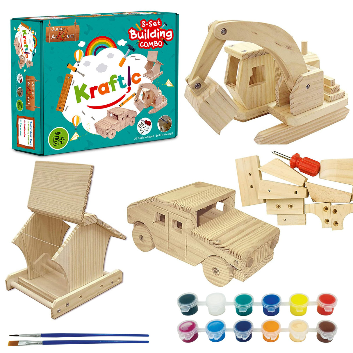 Kraftic Woodworking Building Kit for Kids and Adults, 3 Educational DIY Carpentry Construction Wood Model Kit STEM Toy Projects for Boys and Girls - Wooden Military Vehicle, Excavator and Bird-Feeder Kraftic
