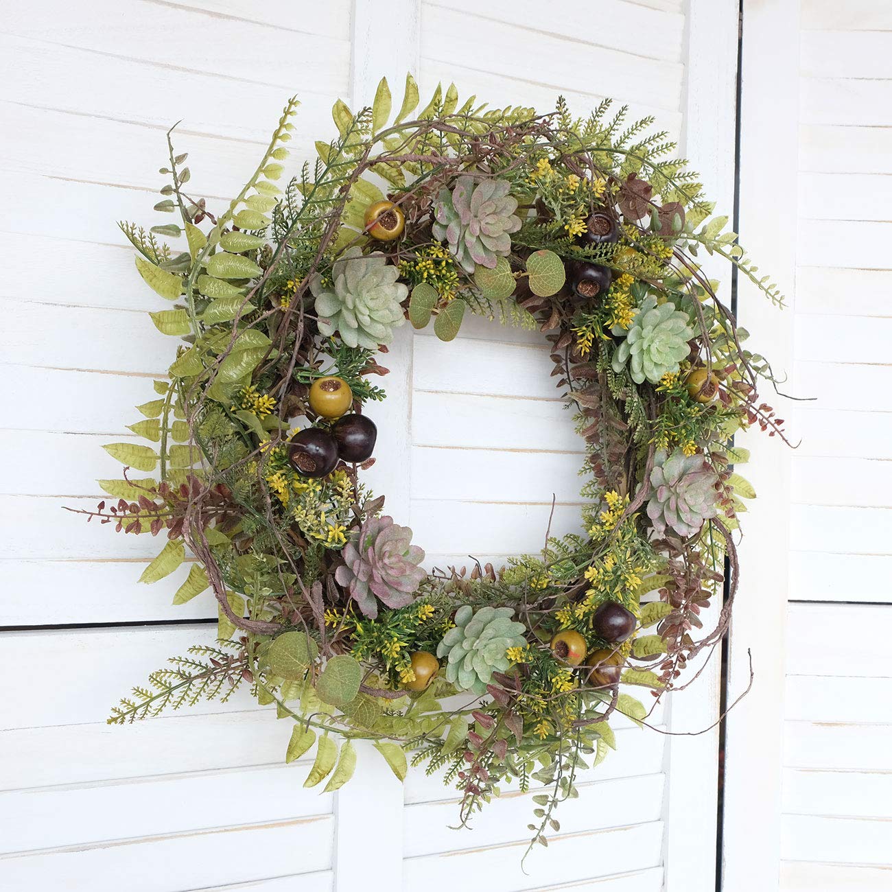 idyllic 22 Inches Christmas Wreath of Assorted Fern Leaves and Succulents Berry, Winter Spring Artificial Wreath for Front Door, Wall, Window, Farmhouse