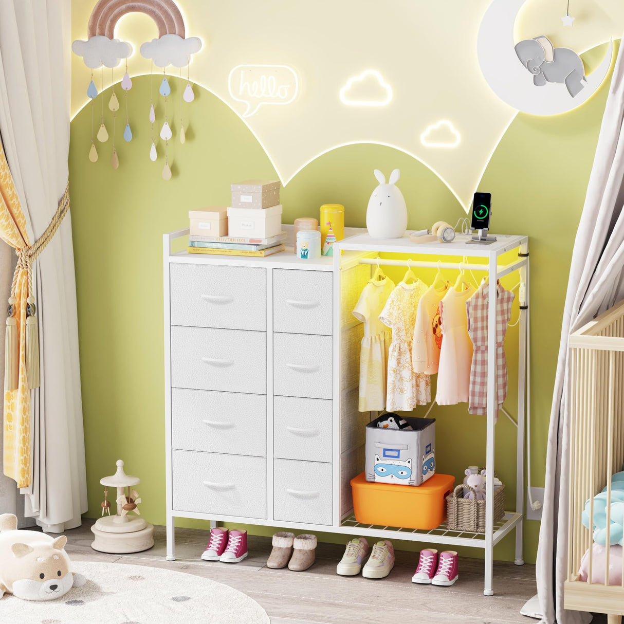 HIGDBFE Dresser with Hanging Rack, 8-Drawer Dresser for Bedroom with Charging Station & LED Lights, White Kids Dresser with Clothes Rack&Shoe Rack, Chest of Fabric Drawers for Bedroom, White HIGDBFE