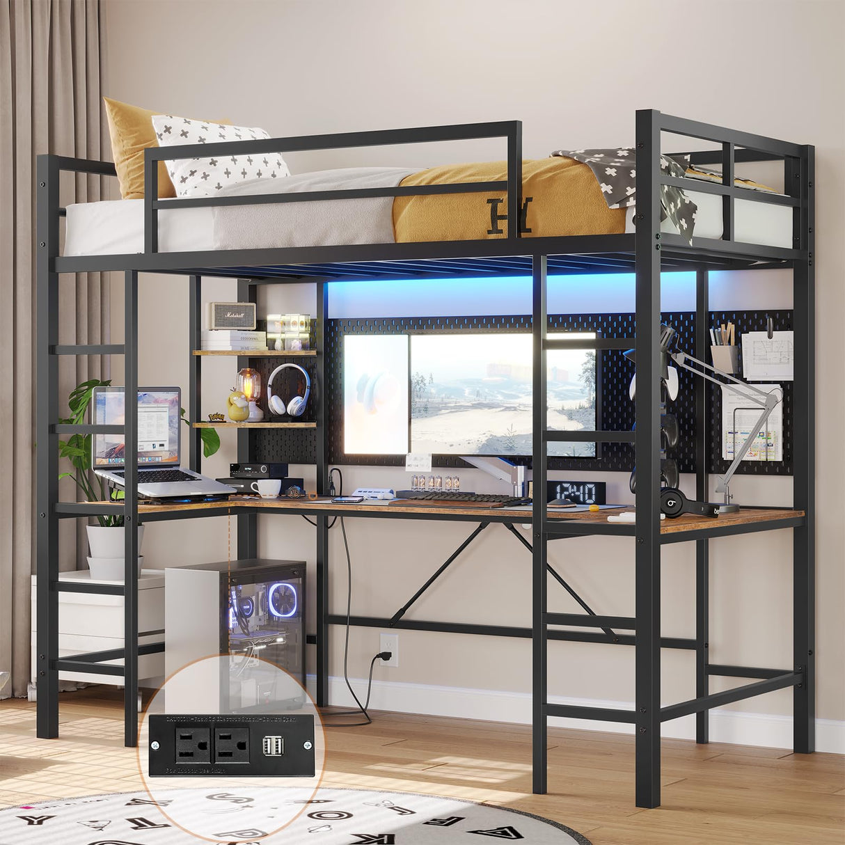 DICTAC Twin Loft Bed with U-Shaped Desk, LED Lights, Charging Station, and Storage Shelves – Metal Frame in Black DICTAC
