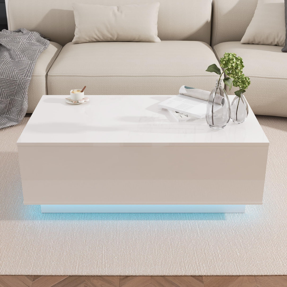 holzart 41" LED Coffee Table with 2 Drawers - High Gloss White Modern Table with Lighting for Living Room (41.33" W x 23.62" D) holzart