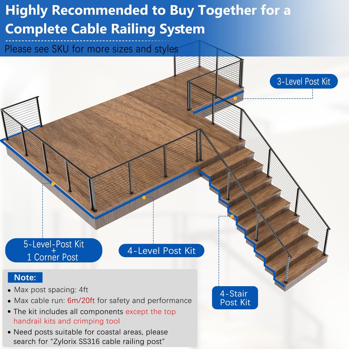 Zylorix 42" One-Stop All Black Cable Railing System Post Kit for Decks(Super Easy DIY), Include 3Pack Stair Posts for 25-35°Stairway, Complete Invisible Cable Railing Kit 1/8" with Cutter(No Handrail)