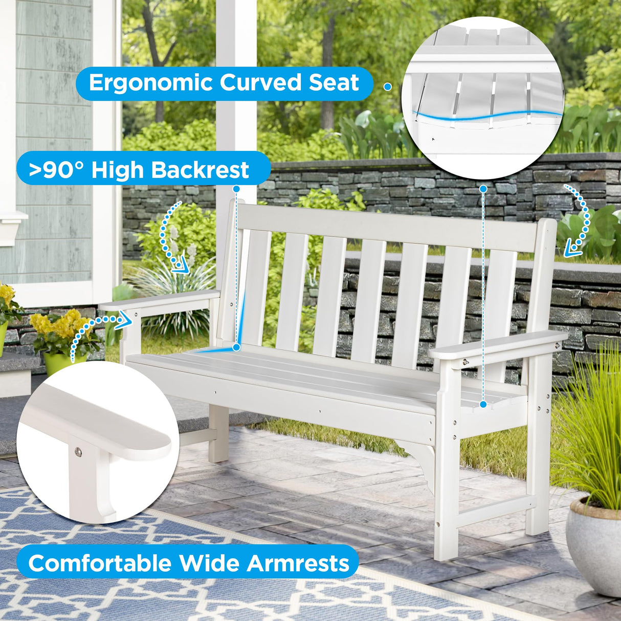 nalone Outdoor Bench, HDPE All Weather Patio Bench Load up to 800 Lbs, 2-Person Garden Bench Rot-Proof Fade Proof for Patio, Porch, and Park (White) nalone