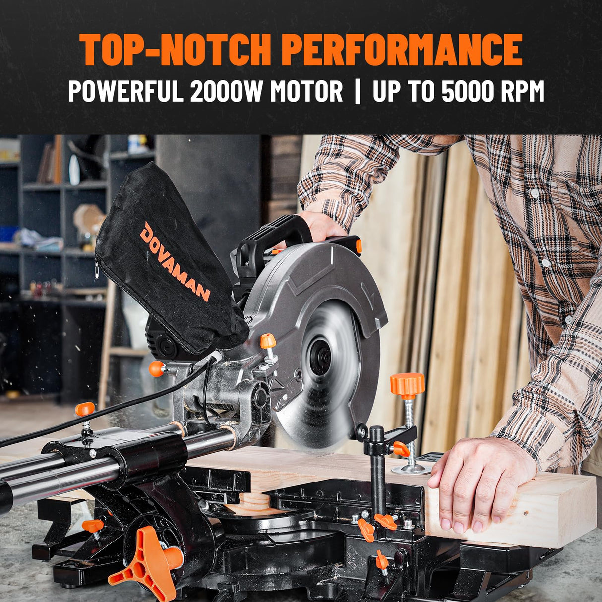 DOVAMAN 10in Sliding Miter Saw, Multi-use w/ 3 Blades, 15A Miter Saw, 4500/3200RPM, Ambidextrous Use, 0-45° Bevel Laser Cut, Max Cut 3.5x13.4in, 9 Positive Stops, for Cutting Wood, PVC or Soft Metal DOVAMAN