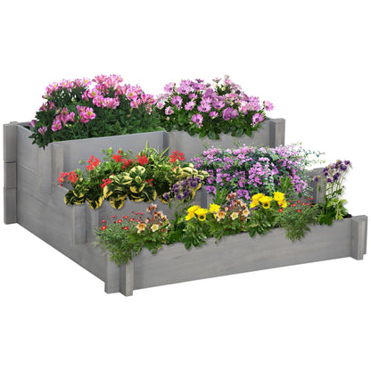 Outsunny 3-Tier Raised Garden Bed with 5 Compartments and Bed Liner, Elevated Wooded Wooden Planter Kit, for Vegetables, Herbs, Outdoor Plants, 37 x 37 x 14in, Gray