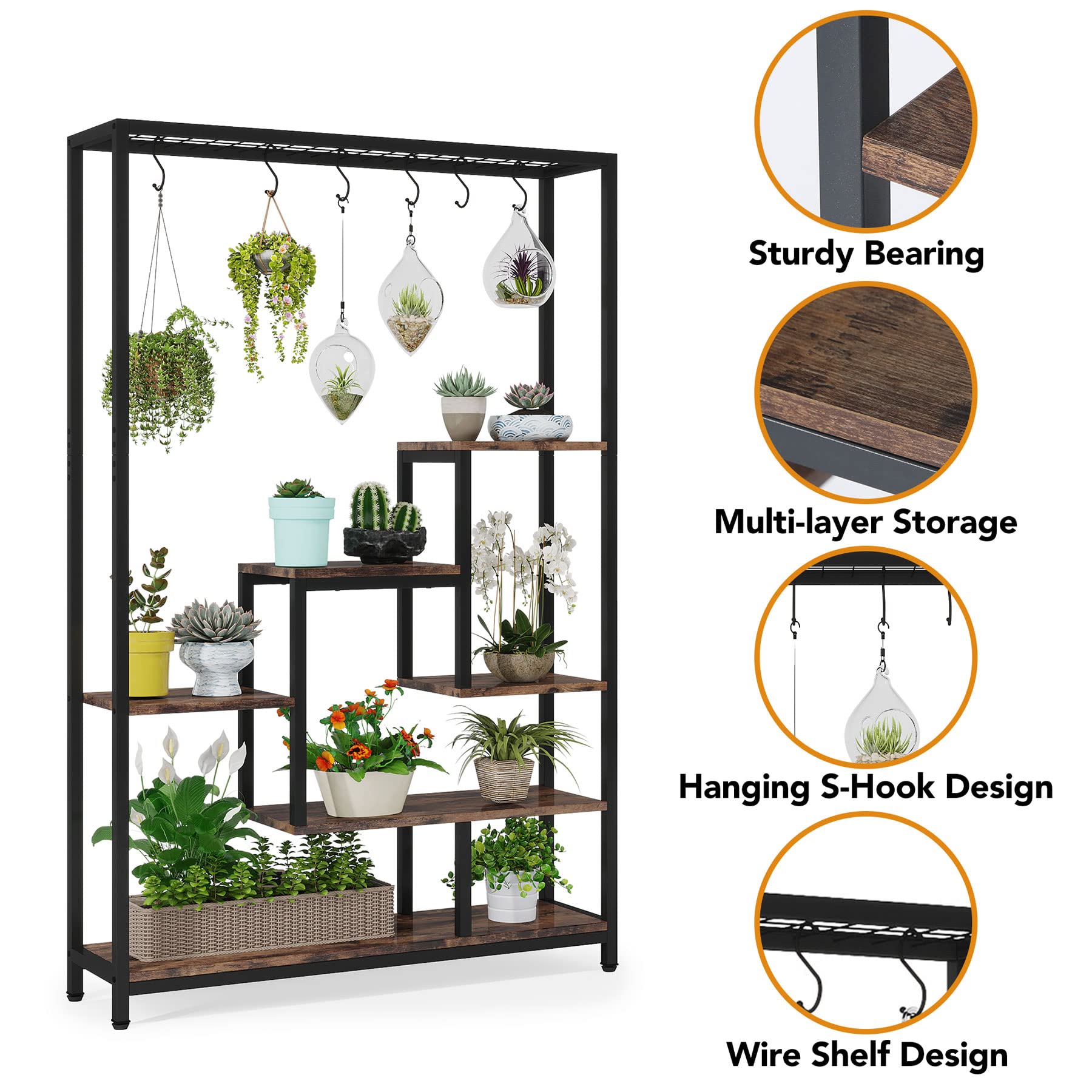 Tribesigns 5-Tier Tall Indoor Plant Stand, 70.9 inches Large Metal Plant Shelf with 6PC S Hanging Hooks, Multi-Purpose Flower Bonsai Pots Display Rack for Indoor, Garden, Balcony, Living Room - WoodArtSupply