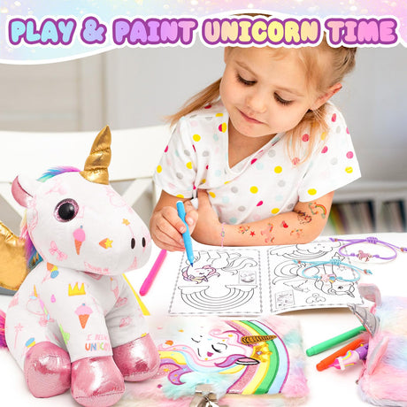 HAPGFS Unicorn Plush and Coloring Book Gift Set, Kids Arts and Crafts Soft DIY Doodle Dolls, Stuffed Animal Toys for Girls Age 3 4 5 6 7 8 Birthday Christmas HAPGFS