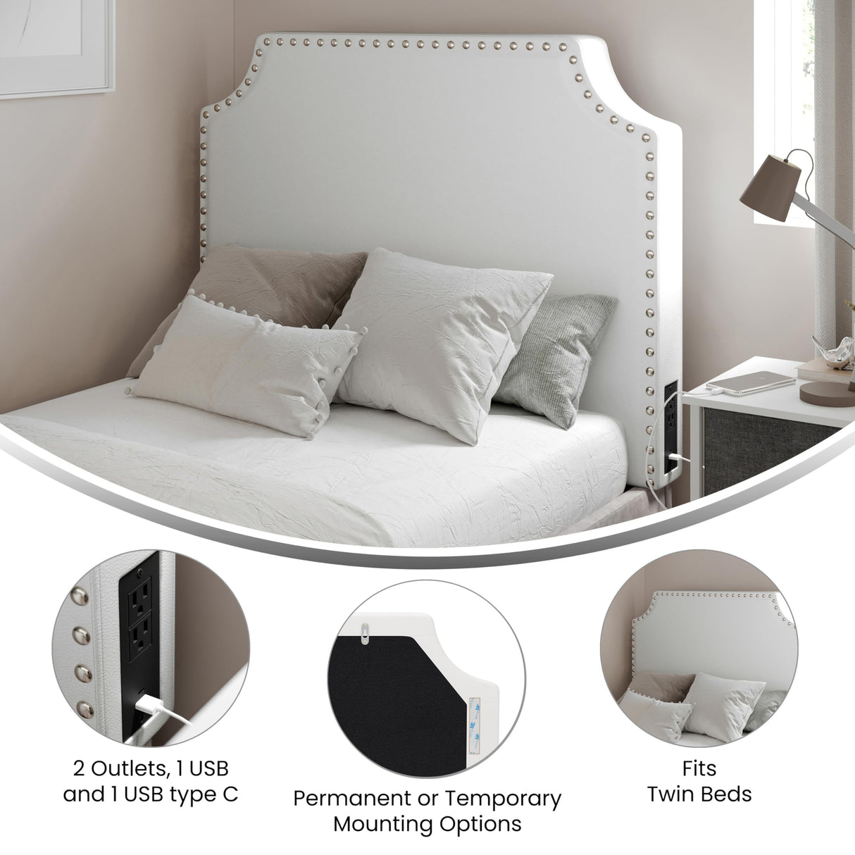Flash Furniture Adeline Twin Headboard with 2 Outlets, USB Port, USB Type-C Port, Contoured Headboard, Studded LeatherSoft Upholstery, Dual Hanging Options, White Flash Furniture