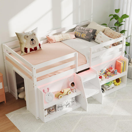 KOMFOTT Low Loft Bed with LED Light & 2 Bookcases, Wood Kids Twin Bed with Under-Bed Play Space, Stairs & Guardrails, No Box Spring Needed, Modern Low Loft Bed Frame, White KOMFOTT
