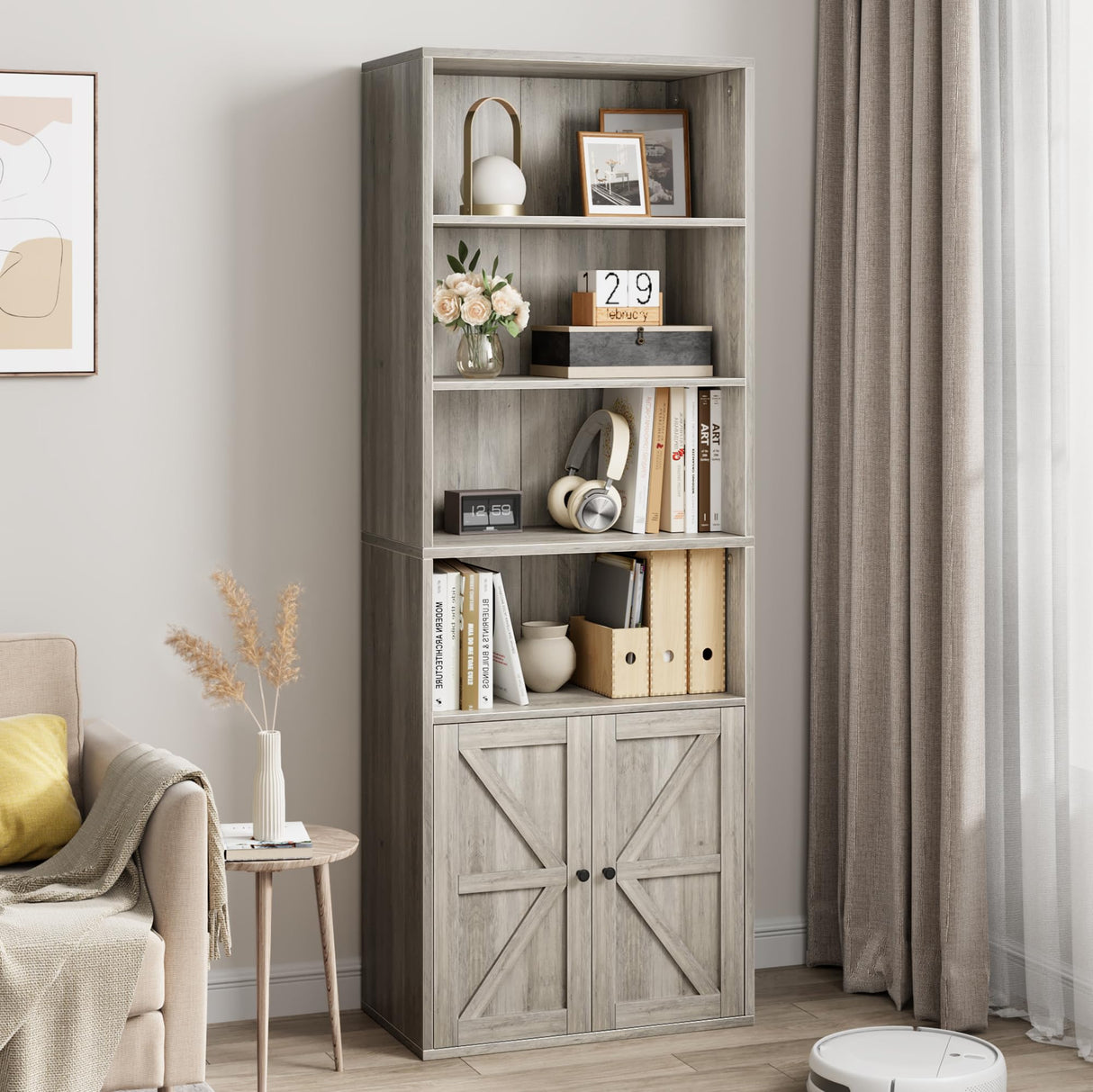 IDEALHOUSE Bookcase with Doors Industrial Bookshelf 11.8in Depth Display Storage Shelves 71.4in Tall Farmhouse Bookcases Wooden 6 Shelf Bookshelvels for Bedroom, Living Room, Home Office, Grey IDEALHOUSE