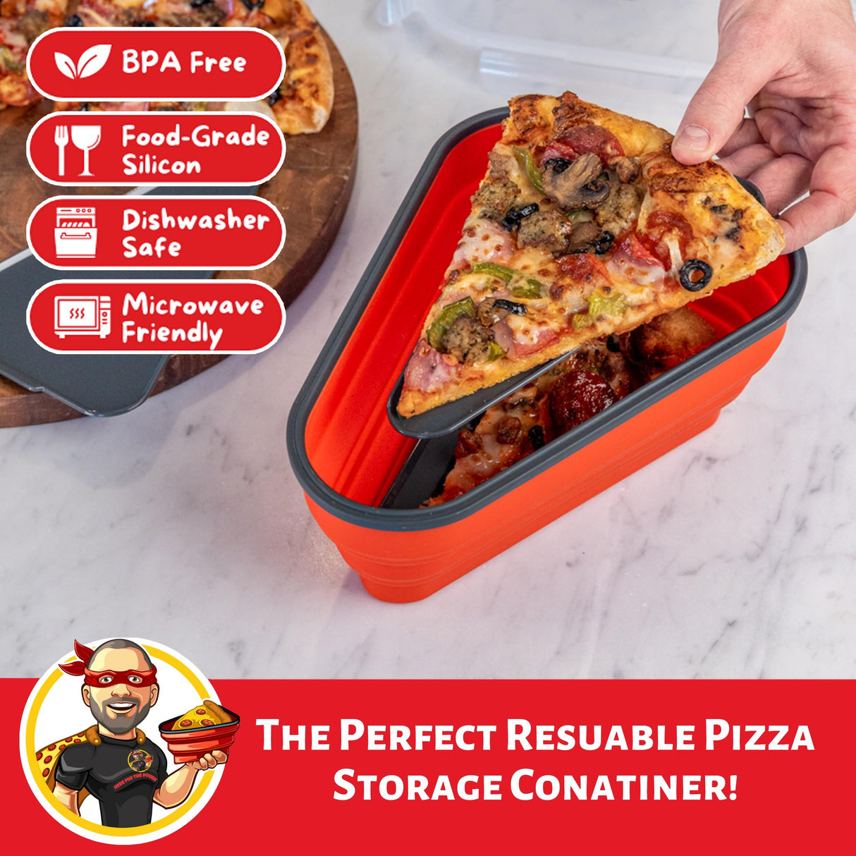 The Perfect Pizza Pack™ - Reusable Pizza Storage Container with 5 Microwavable Serving Trays - BPA-Free Adjustable Pizza Slice Container to Organize & Save Space, Red PIZZA PACK